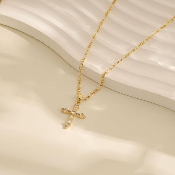 14K Gold Plated Figaro Chain Cross Necklace with Clear Gems Faith Baptism Gift - Picture 3 of 5
